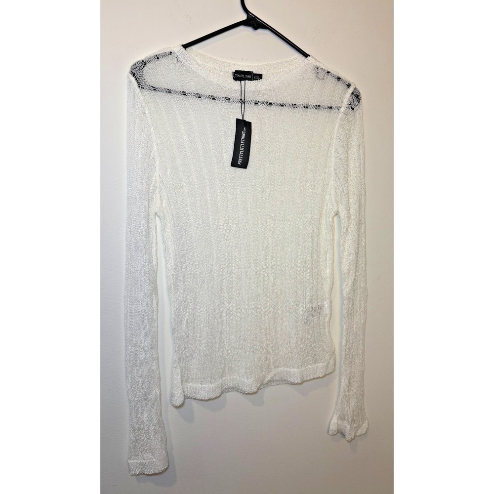 Pretty Little Thing White Sheer Knit Long Sleeve Top Women's XXL UK Size